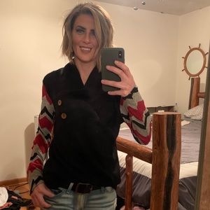 Women’s cowlneck sweater with Aztec sleeves